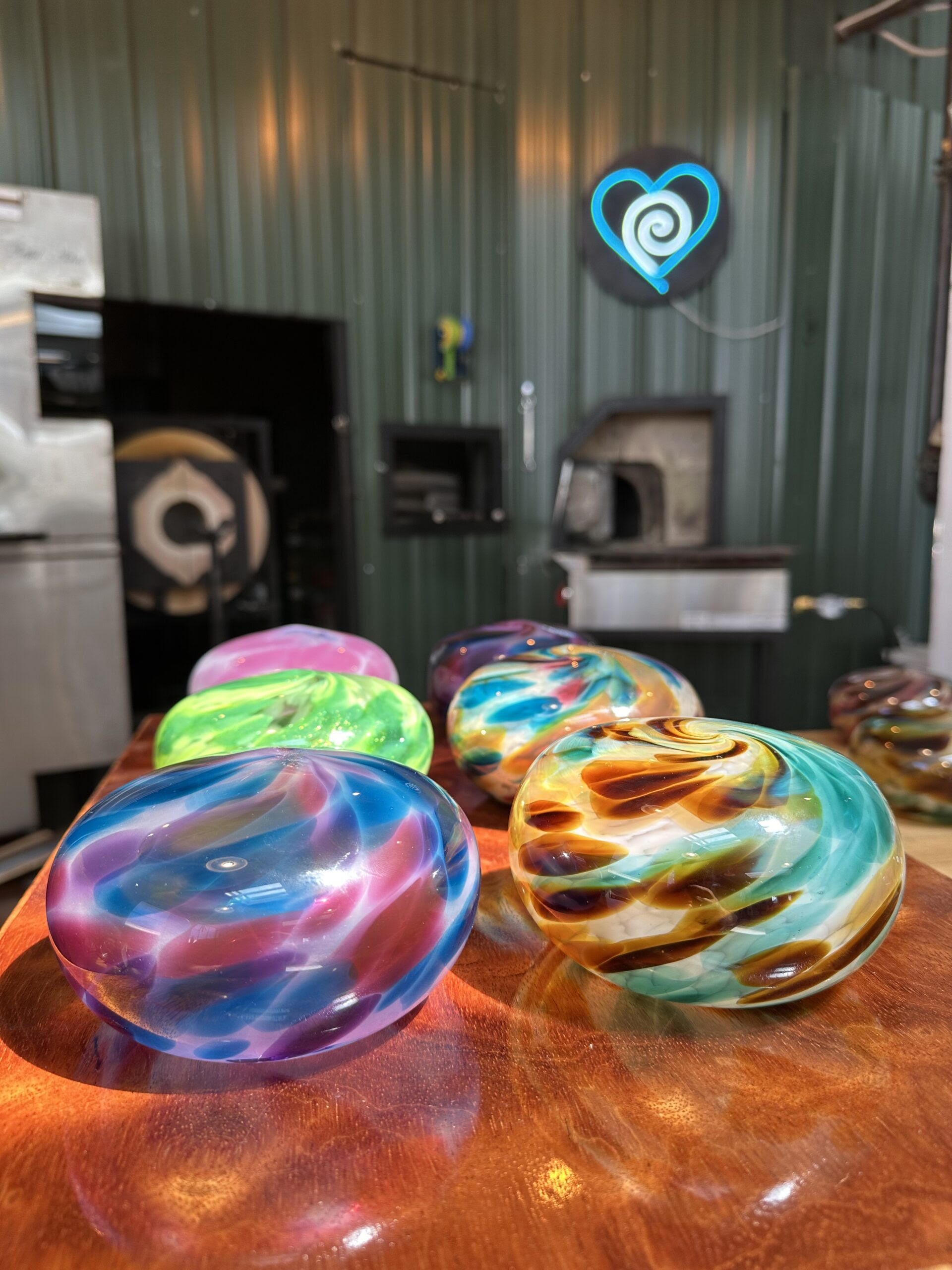 A close up of some glass balls on a table